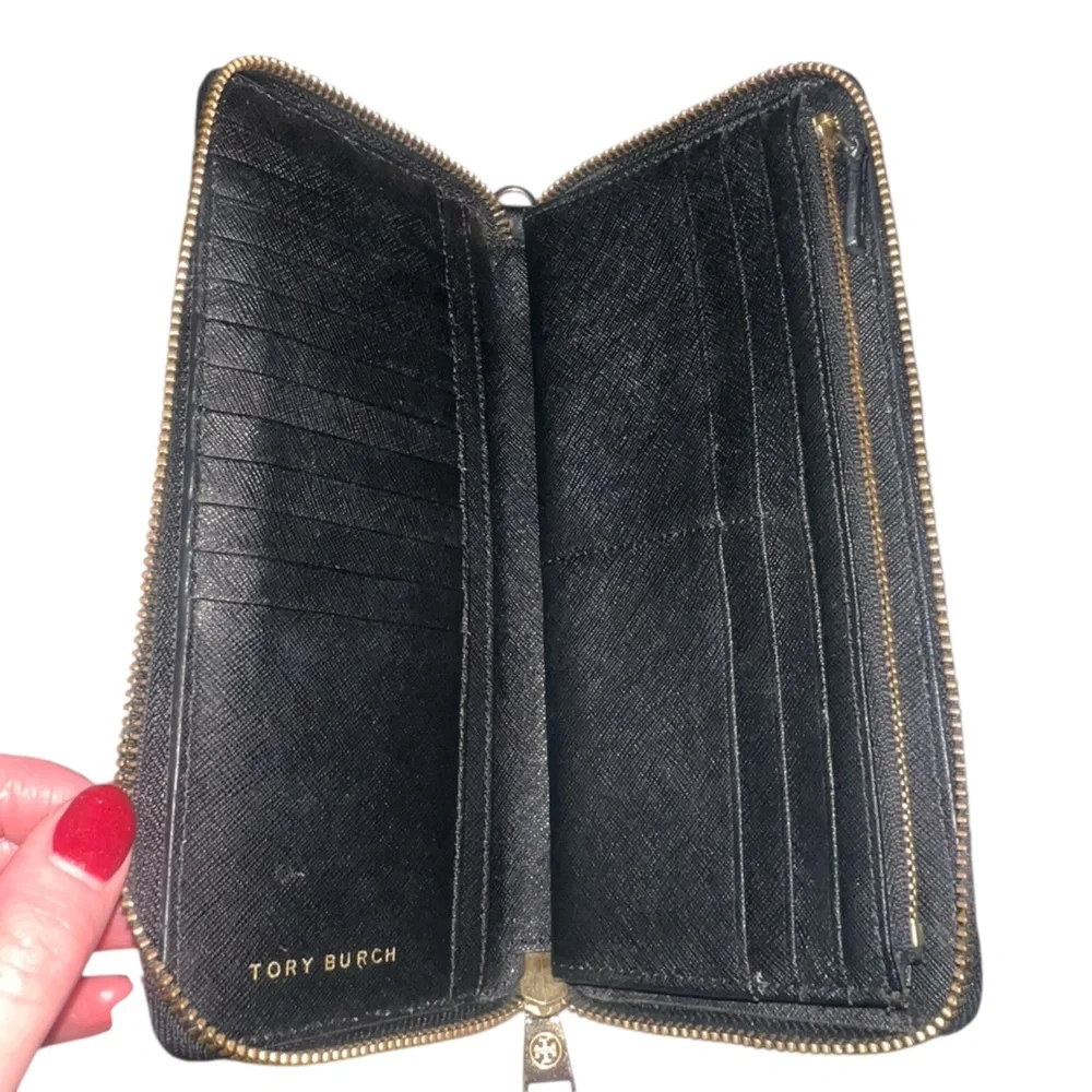 EUC Tory Burch Black Saffiano Leather Zip Around Long Wallet Gold Hardware